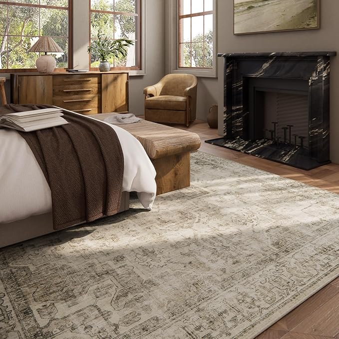 Washable Area Rugs for Living Room: 10x14 Bedroom Area Rugs Boho Vintage Rugs Stain Resistant Non Slip Low Pile Soft Lightweight Carpet for Kitchen Dining Room Farmhouse Nursery Kids Room Home Office