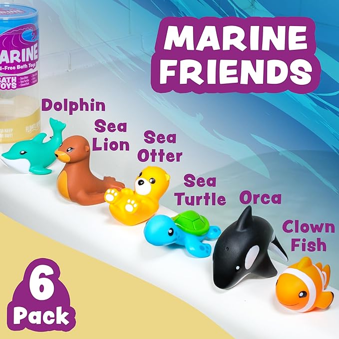 Tub Works® Marine™ Mold Free Bath Toys, 6 Pack | Sealed, No Hole Bath Toys Design Keeps Moisture Out | Soft, Squeezable & Float on Water | Easy-Grip Baby & Toddler Bath Toy Set | Great Baby Pool Toys