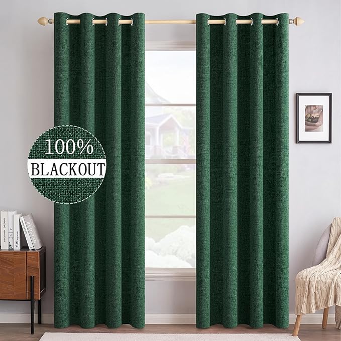 MIULEE 100% Blackout Linen Curtains for Bedroom Thermal Insulated Emerald Green Grommet Room Darkening Curtains & Drapes Christmas Decor for Living Room Nursery 52 x 84 Inch (2 Panels)