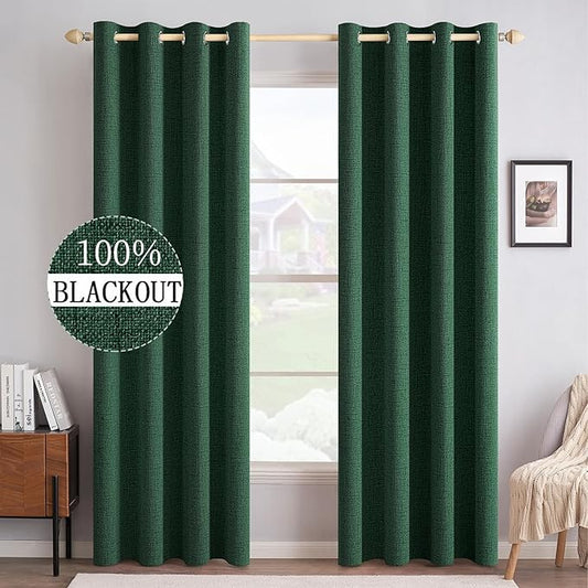 MIULEE 100% Blackout Linen Curtains for Bedroom Thermal Insulated Emerald Green Grommet Room Darkening Curtains & Drapes Christmas Decor for Living Room Nursery 52 x 96 Inch (2 Panels)