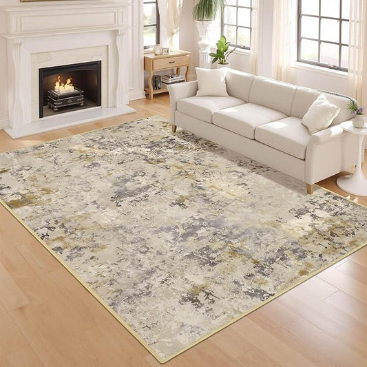 Living Room Rugs 6x9 Beige Washable Area Rug, Abstract Modern Bedroom Rugs Non Slip Stain Resistant Neutral Large Carpet for Nursery, Dining, Kids Playroom, Dining Room, Office