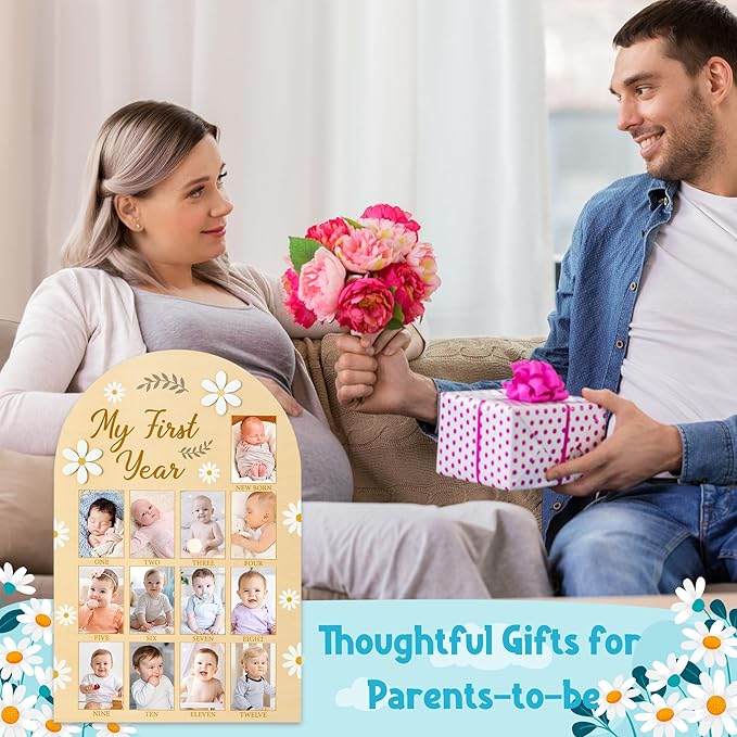 R HORSE My First Year Photo Display Wood Board, 3D Daisy Baby's First Year Picture Frame 12 Months Milestone Board Neutral Baby Keepsake Birthday Nursery Decor Gift for Boy Girl