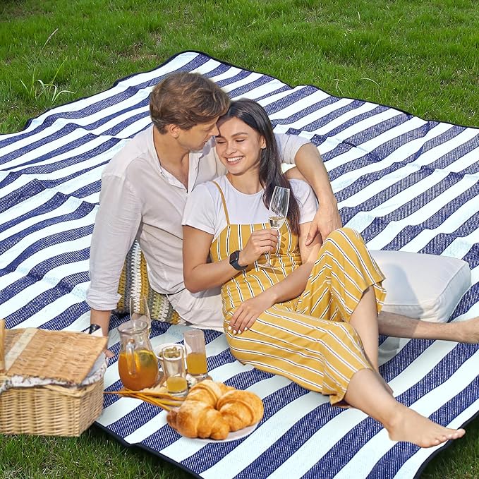 Striped Picnic Blankets 80” x 80” Extra Large Waterproof and Foldable Beach Blanket, Oversized Blue and White Outdoor Blanket for Camping, Travel, Park, Grass, Patio (Blue & White, 80" x 80")