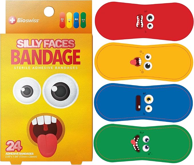 BioSwiss Bandages, Silly Faces Self Adhesive Bandage, Googly Eyes Latex Free Sterile Wound Care, Standard Shape for Kids and Adults, 24 Count