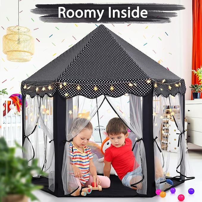 Monobeach Princess Tent Girls Black Large Playhouse Kids Castle Play Tent with Star Lights Gift Toy for Children Indoor and Outdoor Games