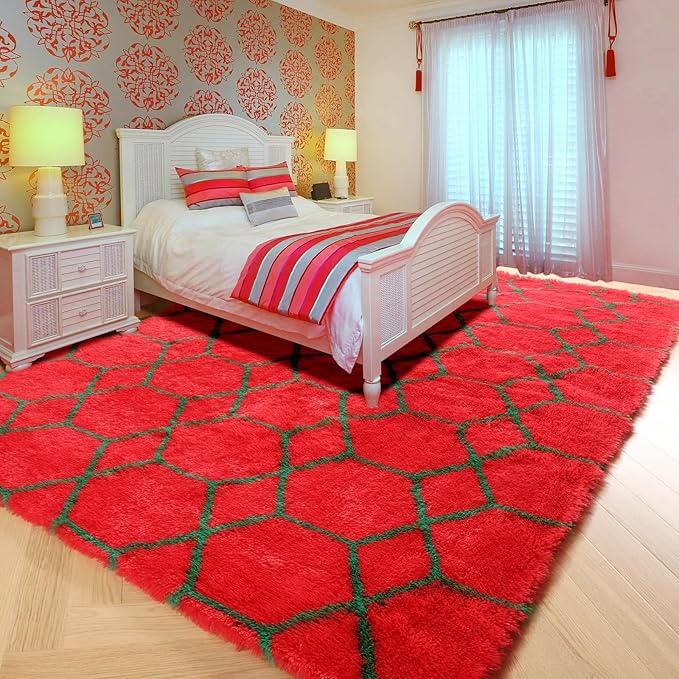 ONASAR 6x9 Area Rugs for Living Room, Large Fluffy Red and Dark Green Bedroom Rug, Geometric Boho Soft Shaggy Plush Floor Carpet for Kids Girls Teen Nursery Dorm Christmas Home Decor Aesthetic
