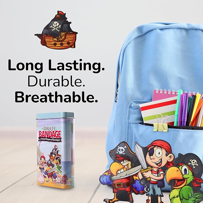 BioSwiss Bandages, Pirate Shaped Self Adhesive Bandage, Latex Free Sterile Wound Care, Fun First Aid Kit Supplies for Kids and Adults, 50 Count