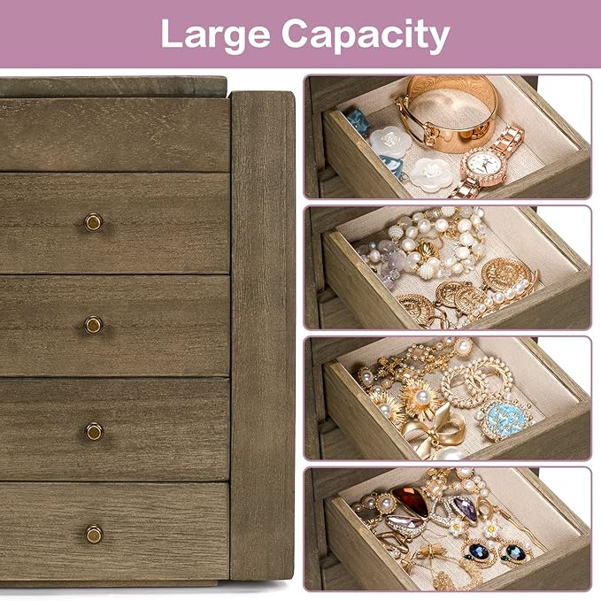 Meangood Jewelry Box Wood for Women, 5-Layer Large Organizer Box with Mirror & 4 Drawers for Rings, Earrings, Necklaces, Vintage Style, Weathered Grey