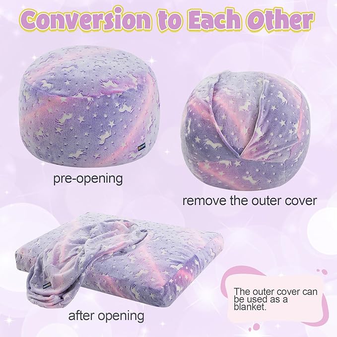 COMAX Kids Bean Bag Chair Turn into Beanbag Bed, Toddler Bean Chair for Girl Boy Sleeping, Lazy Children Bean Bags with Filler, Convertible Child Floor Mattress, Purple Unicorn