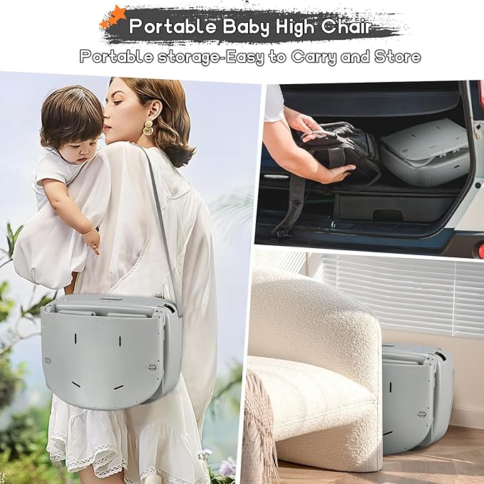 4 in 1 Portable Baby High Chair,Convertible Highchair for Babies & Toddlers-Foldable Infant Booster Seat,Carry Small Box,Dining Chair,Toddler High Chair with 5-Point Harness,Removable Tray-Grey
