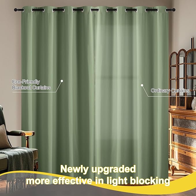 NICETOWN 100% Blackout Curtains 84 inch Long for Bedroom, Total Blackout Thermal Insulated Grommet Long Window Curtains 2 Panels Set, 2 Panels, Olive, 52 inch Wide