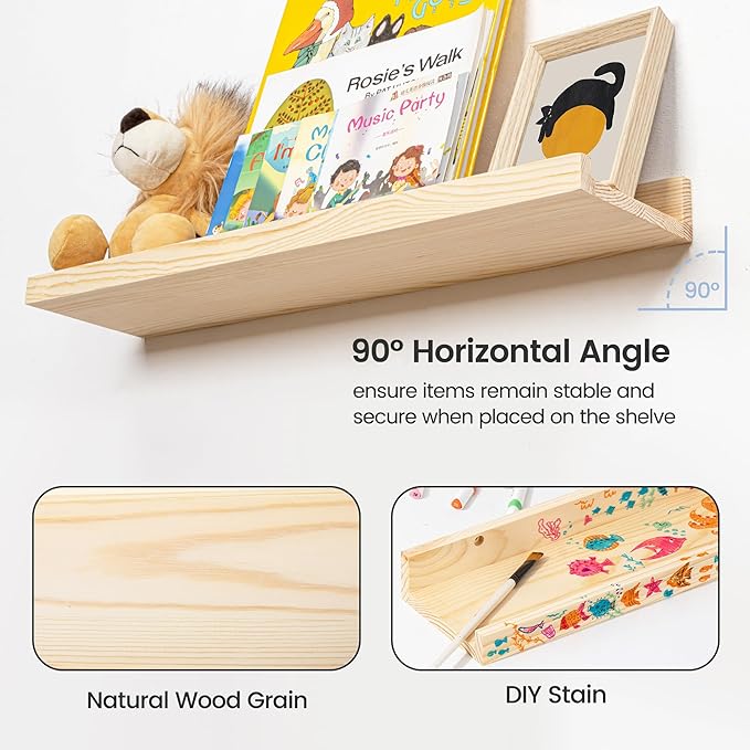 Picture Ledge Shelf for Wall, 36 inch Solid Pine Wood Nursery Book Shelves 2 Packs, Floating Ledge Shelves for Kids' Room Bedroom Bathroom Living Room Photo Frames Office Nursey Wall Decor, Natural