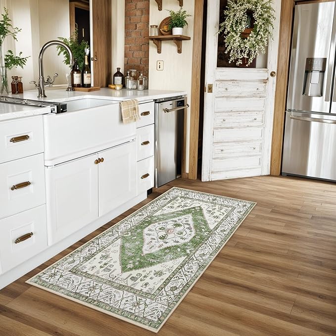 Lahome Boho Washable Hallway Runner Rug - 2x4 Rugs for Bedroom Non-Slip for Entrance (Green, 2'x4')