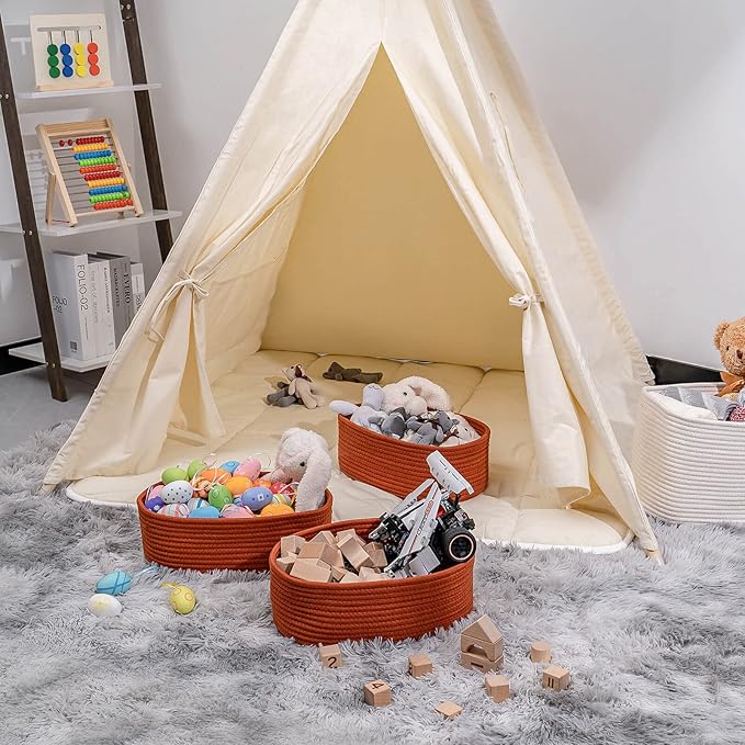 Shelf Storage Baskets for Organizing|Decorative Basket for Closet Storage|Toy Baskets&Bins|Small Woven Rope Baskets-13x8.66x5.11’’,Durable&Stylish,Oval 3 Packs Brick Red