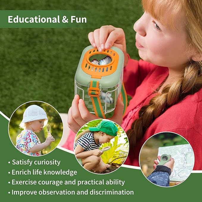 Bug Catcher for Kids Explorer Bug Catching Kit,Magnifying Glass, Tweezers, Whistle & Compass, Learning Guide, Insect Habitat, Outdoor Toys(3 Year +) (Kids Bug Catcher Set)