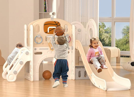 XJD 8 in 1 Toddler Slide Set, Kids Slide for Toddlers Age 1+, Toddler Climber Slide PlaySet with Basketball Hoop and Ball,Outdoor Indoor Playground for Toddlers 1-3 (Beige Coffee, 8 in 1)