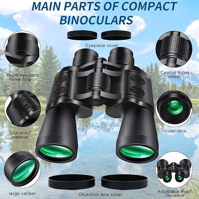 PISEZ 20X50 Binoculars for Adults High Powered with Low Light Vision，Compact Large View Waterproof Binoculars for Bird Watching Hunting Concert Traveling Theater Opera Sightseeing