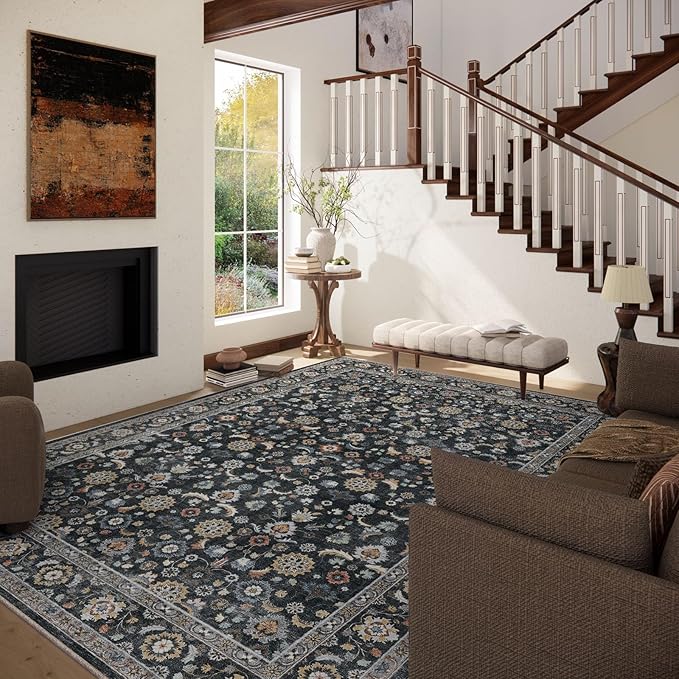 Washable Area Rugs for Living Room: 8x10 Bedroom Rug Vintage Boho Area Rug Stain Resistant Non Slip Low Pile Lightweight Soft Carpets for Living Room Dining Room Kitchen Nursery Kids Room Farmhouse