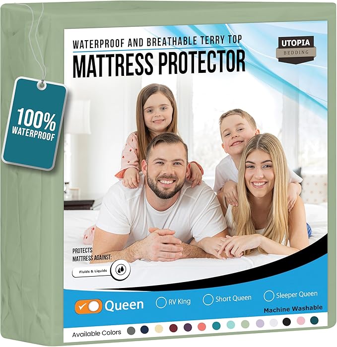 Utopia Bedding Waterproof Mattress Protector Queen Size, Premium Terry Mattress Cover 200 GSM, Breathable, Fitted Style with Stretchable Pockets (Sage)