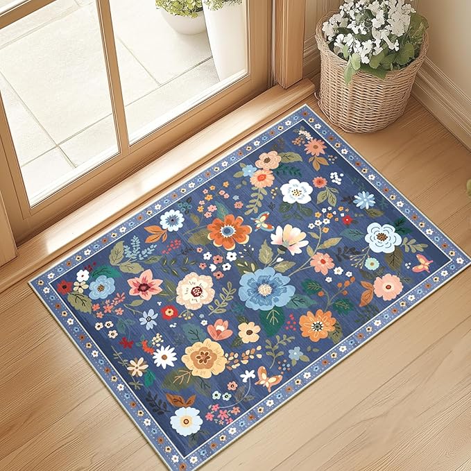 Floral 2x3 Area Rug Machine Washable Soft Print Boho Carpet Non Slip Doormat Low Pile Flower Area Rugs for Living Room Bedroom Nursery Kitchen Dining Room Indoor-Blue/Grey