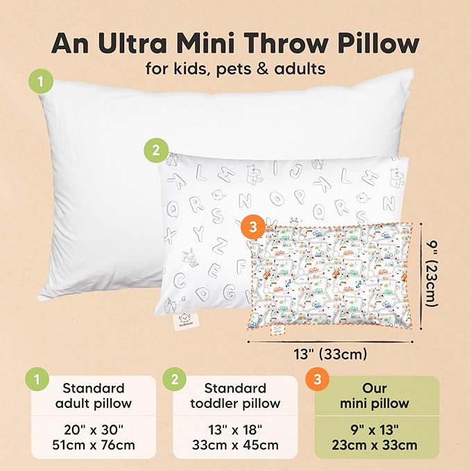 Mini Toddler Pillow with Pillowcase - 9x13 My Little Dreamy Travel Kids Pillow for Sleeping, Toddler Bed, Small, Tiny, Organic Cotton Pillowcase, Soft & Breathable, Kids 2-4 Years Old (Roadway)