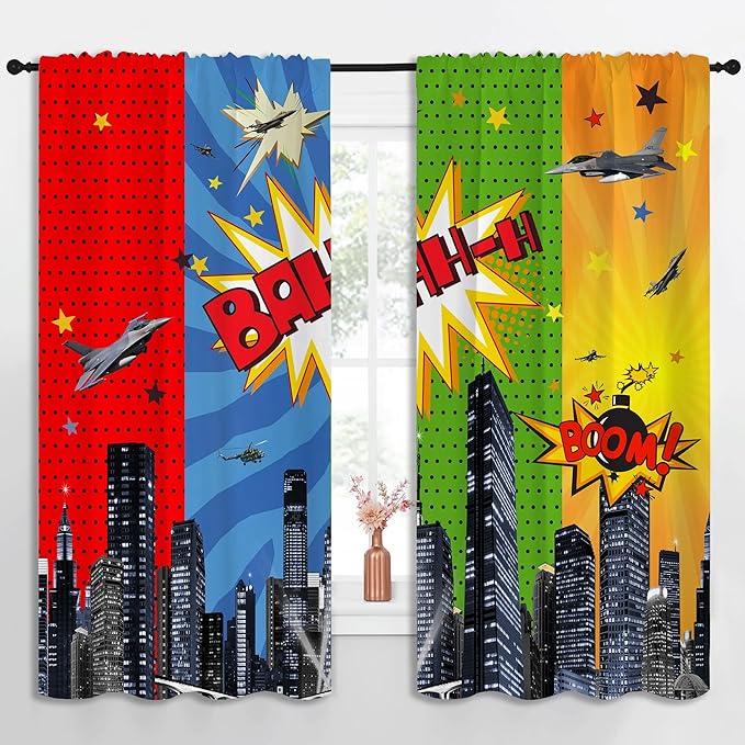 Superhero Rod Pocket Blackout Curtains for Boy Girl Bedroom, City War Explosion Comics Art Home Energy Efficient Light Filtering Window Curtain for Living Room, 63x63 inch