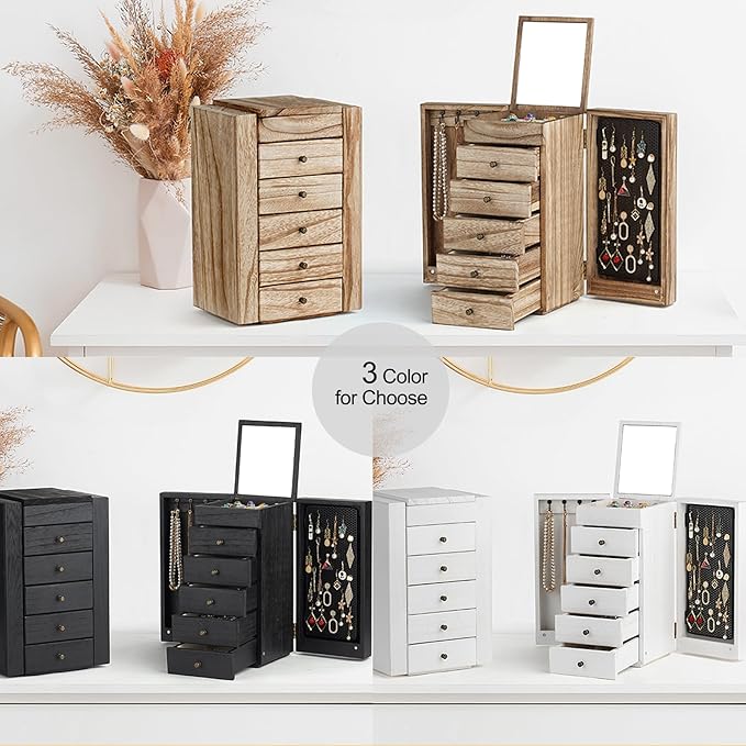 Meangood Jewelry Box Wood for Women, 6-Layer Large Organizer Box with Mirror & 5 Drawers for Rings, Earrings, Necklaces, Vintage Style, Carbonized Black