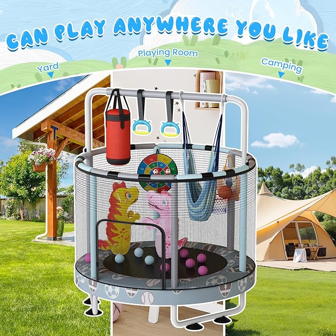 LAMERGE 55" 7-in-1 Round Trampoline for Kids Boys & Girls Ages 1-8, Indoor & Outdoor Trampoline for Fun, Adjustable Height Handrail ＆ Enclosed Safety Net ＆ Durable Designs for Toddlers Children