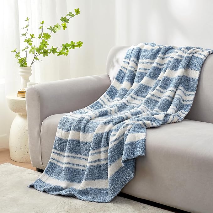 Snuggle Sac Knitted Throw Blanket for Couch, Reversible Super Soft Microfiber Blankets Warm Cozy Knit Fuzzy Plush Lightweight Throws for Sofa, Bed, Camping, Picnic, Stripe Blue, 50 x 60 inches