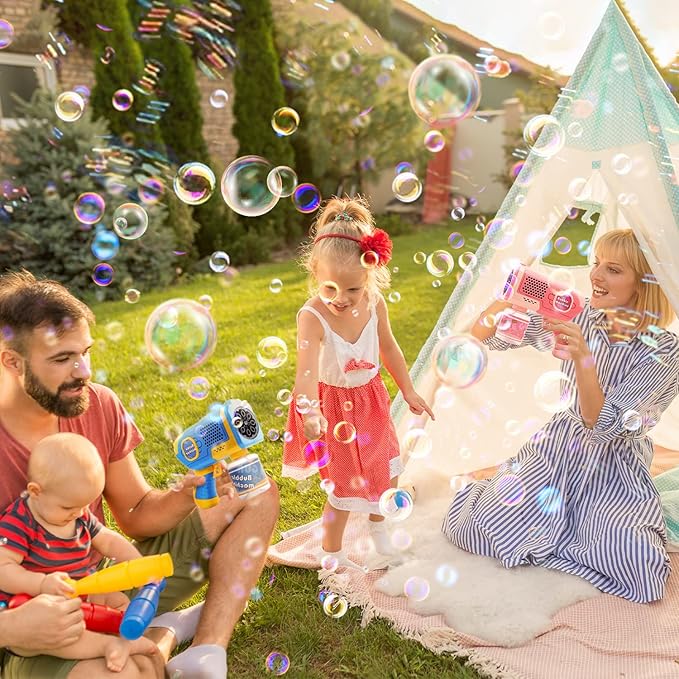 EagleStone 2 Pack Bubble Gun Machine for Kids, Automatic Light Up Bubble Blower with 4 Bottles 10 Bags Refill Solution, Bubble Guns Blaster for Toddlers, Outdoor Toys Gifts, Wedding Easter Party Favor