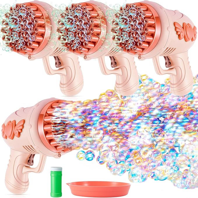 ShinyRelief 4 Pack Wedding Bubble Guns 32 Holes with Light, 4 Bottles Solution, Romantic Bubble Maker for Outdoor Ceremony, Wedding Party Favors, Photo Props, Reception Entertainment(Pink)