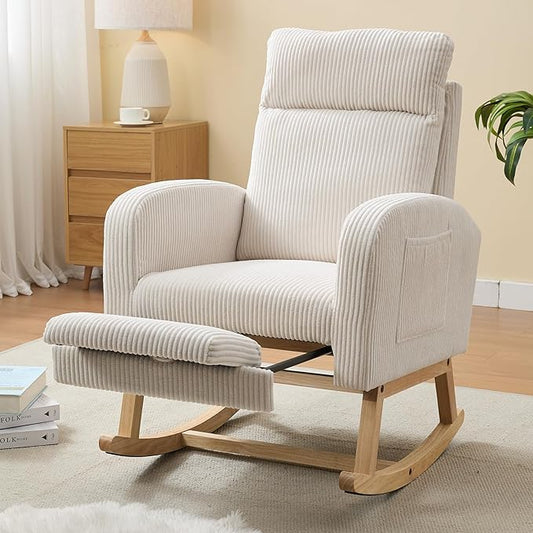 NIOIIKIT Nursery Rocking Chair, Corduroy Upholstered Rocking Chair with Adjustable Footrest, Tufted Rocker Chair with Side Pocket, Glider Rocker for Living Room, Bedroom (White Modern)