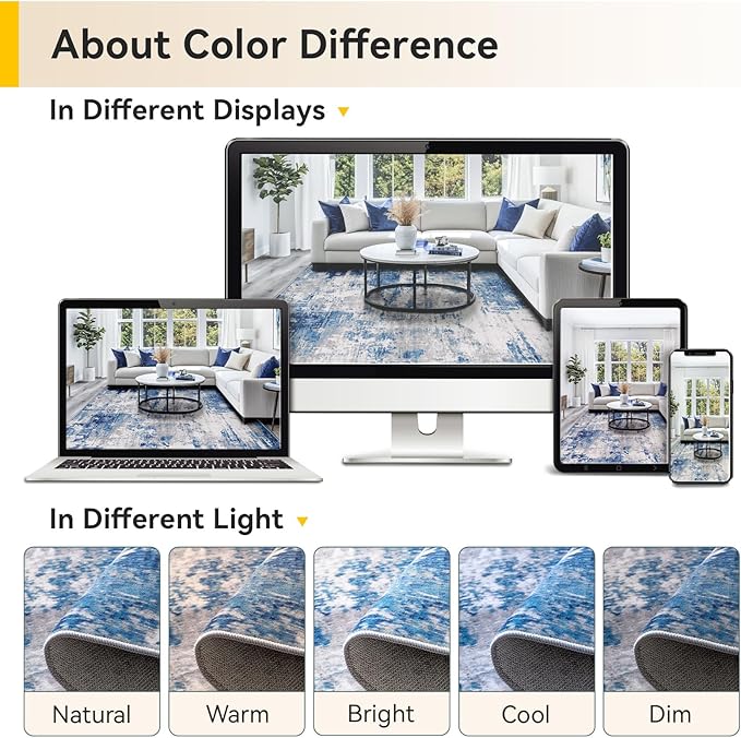 Washable Area Rugs 8ft Non-Slip Modern Abstract Soft for Living Room Entryway Bedroom Nursery, Print Pattern, Blue Grey Navy Gray