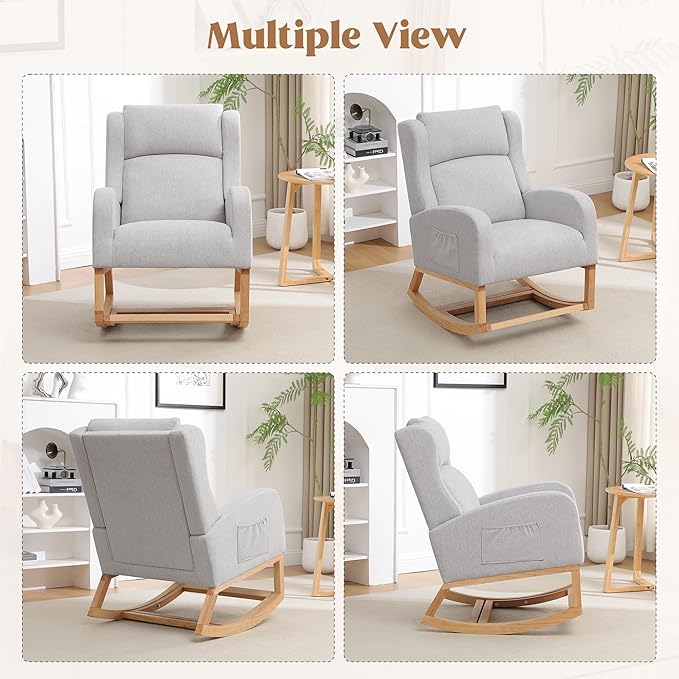 Rocking Chair Nursery, Nursing Rocking Chairs for Mom Nursery, Comfy Wingback Glider Rocking Armchair with Foot Rest and Side Pocket for Nursery Living Room Bedroom, Light Grey