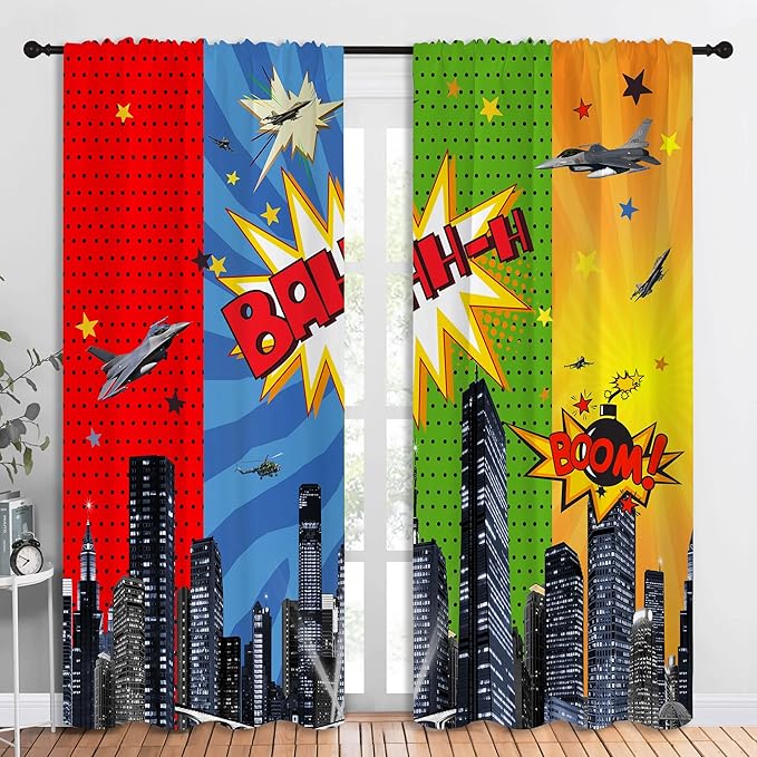 Superhero Rod Pocket Blackout Curtains for Boy Girl Bedroom, City War Explosion Comics Art Thermal Insulated Home Window Drapes for Living Room Darkening, 84x72 inch