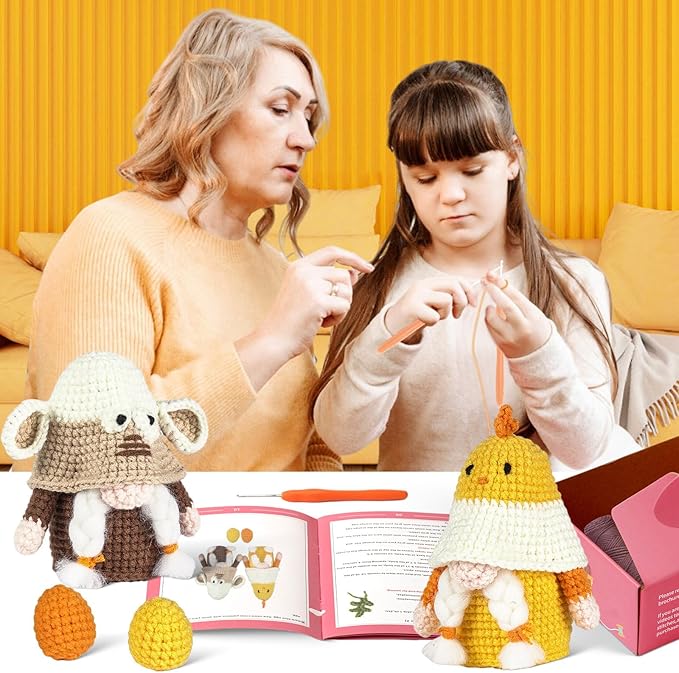 RoseFlower Crochet Kit for Beginners, Crochets Starter Kits with Step-by-Step Video Tutorials, DIY Craft Knitting Crochet Animals Set for Kids Adult - 2 Pack Chicken Sheep