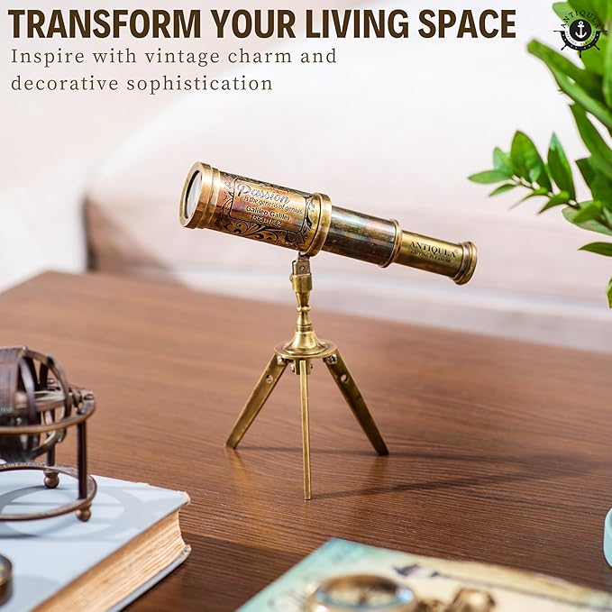 Vintage Brass Decor Telescope on Tripod, Antique Pirate Spyglass with Gift Box, Monocular Nautical Handheld Telescope Ideal for Home Decor, Gifting, Traveling, Kids, Bookshelf & Office Desk