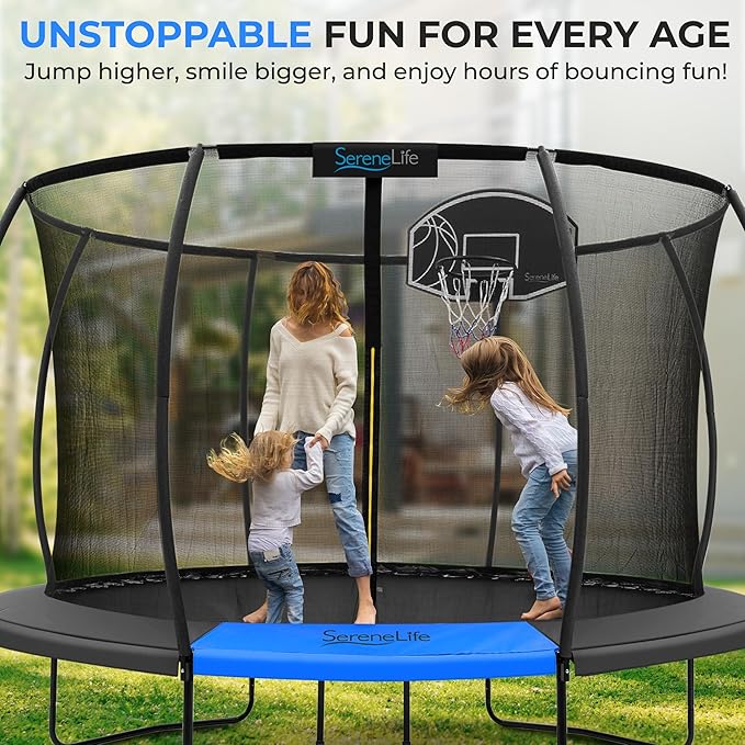 SereneLife 8FT 10FT 12FT 14FT Outdoor Trampoline for Kids - Recreational Backyard Trampoline with Curved Safety Poles and Net Enclosure- ASTM Approval for Kids Adults