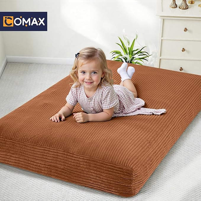 COMAX Kids Bean Bag Chair Turn into Beanbag Bed, Toddler Bean Chair Corduroy for Girl Boy Sleeping, Lazy Children Bean Bags with Filler, Convertible Child Floor Mattress, Orange