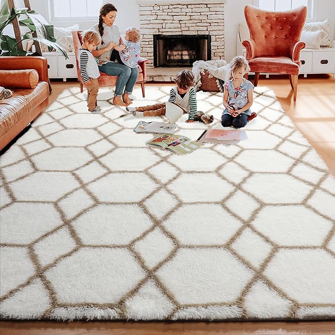 ONASAR Large Area Rugs for Living Room, 7x10 White and Beige Bedroom Rug, Washable Geometric Boho Soft Plush Shaggy Fuzzy Floor Carpet Mat for Nursery Kids Girls Boys Teen Dorm Home Decor