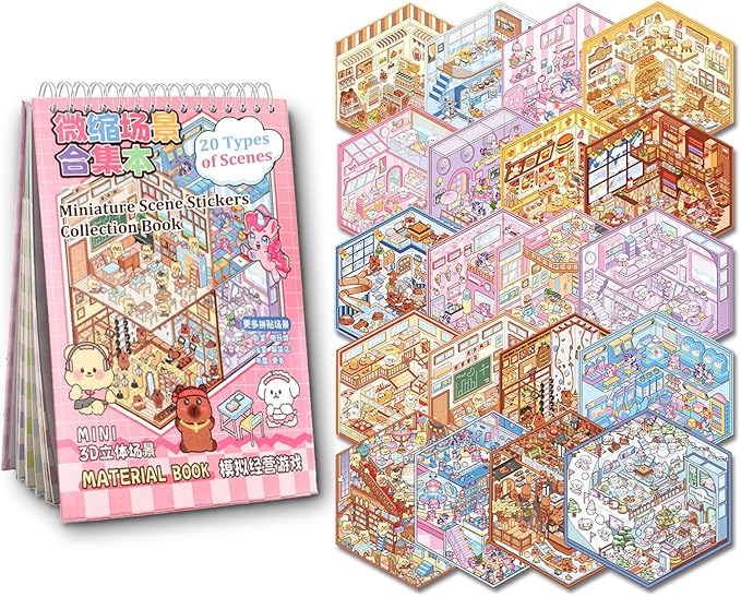 Scene Sticker Book for Kids,20 Sets of 3D Sticker Scenes for Adults Fun Mini Cute Kawaii Stickers Therapy 3D Scenes 3D House Stickers Set Relief Stress Pass The Time