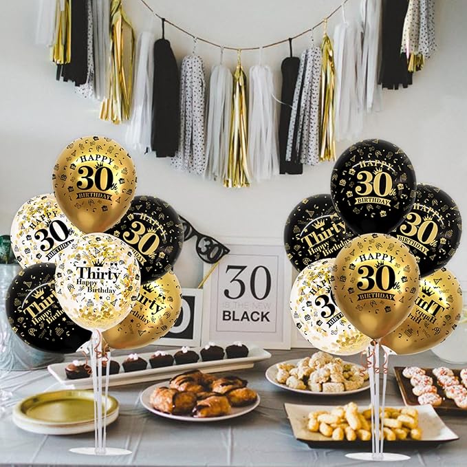 TONIFUL 4 Set Black Gold Balloon Stand Kit for Birthday Decorations for 30th,Balloon Centerpieces for Table Party Decorations Cheers to 30 Years Old Birthday for Men and Women