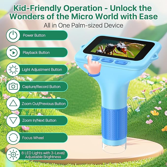 Digital Handheld Microscope for Kids: 3.0" Large HD Screen 1000X Portable Mini Microscopes with Camera Video Recording Slides Kit Science Educational Boys Girls Toy Gifts