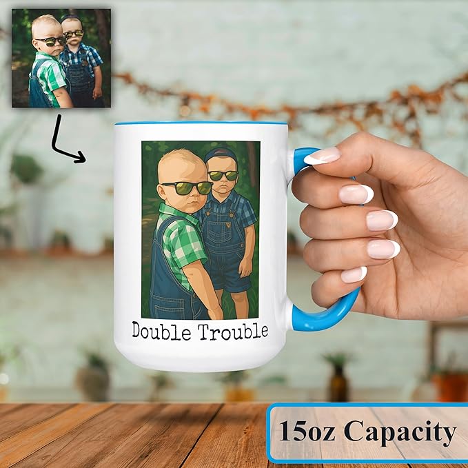 Personalized Coffee Mug, Custom Drawing Portrait Gift, Funny Customized Coffee Gift for Men & Women, Custom Mugs with Pictures, Light Blue 15oz Father's Day Mug