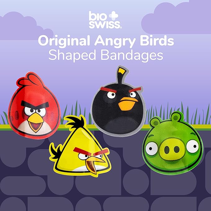 BioSwiss Bandages, Angry Birds Game Shaped Self Adhesive Bandage, Latex Free Sterile Wound Care, Standard Shape for Kids and Adults, 50 Count