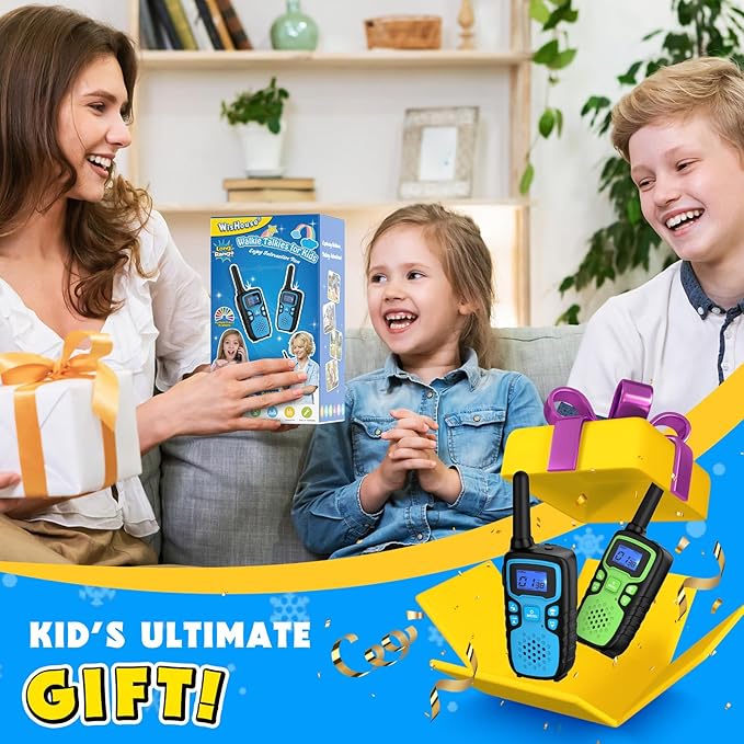 Wishouse Walkie Talkies for Kids Rechargeable Long Range,Xmas Birthday Gift for 4 5 6 7 8 9 Year Old Boys Girls,Hiking Gear Camping Games Cool Toys with NOAA,SOS Siren,Lamp,Lanyards,Easy to Use,2 Pack