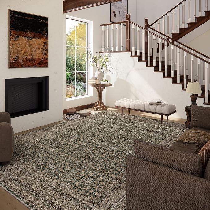 Machine Washable Rugs for Living Room: 5x7 Area Rugs Boho Vintage Rugs Stain Resistant Non Slip Low Pile Soft Lightweight Carpet for Bedroom Kitchen Dining Room Nursery Kids Room Farmhouse