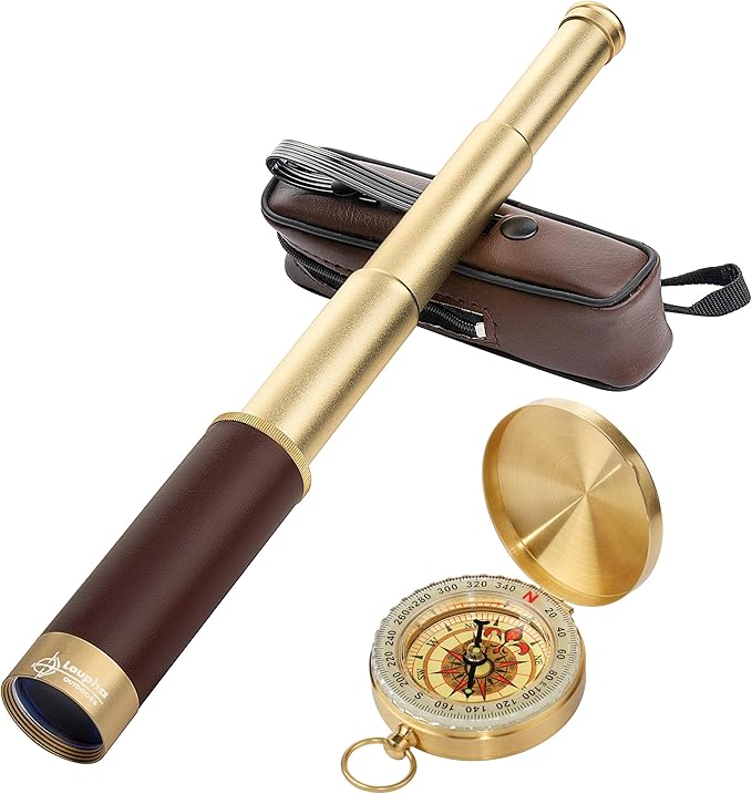 Retro Pirate Telescope Zoomable 25x30 Spyglass Portable Collapsible Handheld Telescope Vintage Monocular for Kids & Survival Gear Compass Pocket Military Compass for Camping Boating