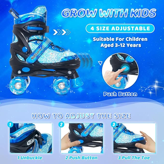 Nattork Kids Roller Skates for Girls Kids, 4 Sizes Adjustable Girls Roller Skates for Ages 3-12 with Light up Wheels & Safety Protection - Cool Birthday Gift for Indoor Outdoor Sports