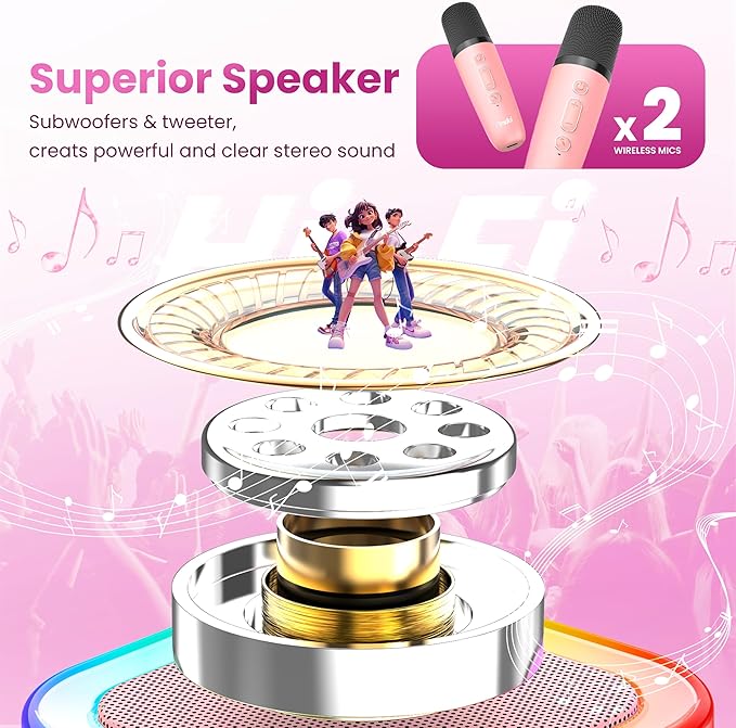 Karaoke Machine for Kids Adults, Portable Bluetooth Mini Karaoke Microphone Singing Speaker with 2 Mic and Light,Toys for All Smartphones,Birthday, Family,Home Party (Pink)